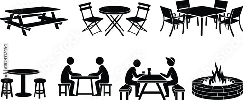 Outdoor picnic table and patio dining furniture silhouettes with chairs, benches and fire pit isolated on white background for park and backyard design