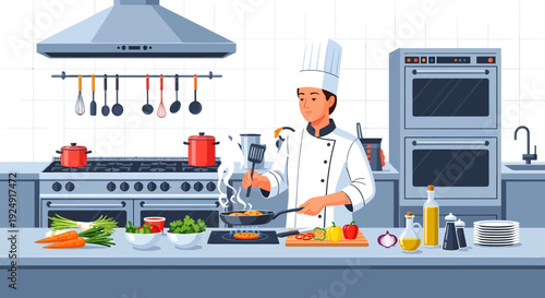 A chef prepares a meal in a modern kitchen with various ingredients