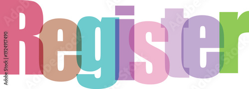 Register word formed by colorful overlapping letters on a transparent checkered background symbolizing enrollment application and recording of information data