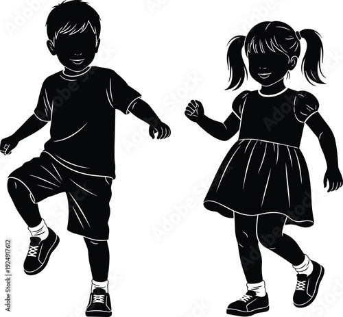 Silhouette of joyful boy and girl dancing and playing, kids having fun together, childhood happiness, playful children vector illustration, active kids outdoor.