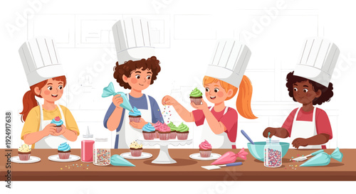 Children decorating cupcakes with colorful frosting and sprinkles at a kitchen table wearing chef hats.