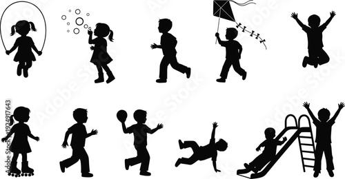 Silhouette of kids playing outdoors, jumping, sliding, blowing bubbles, flying kite, skipping rope, active children, joyful childhood, fun vector illustration