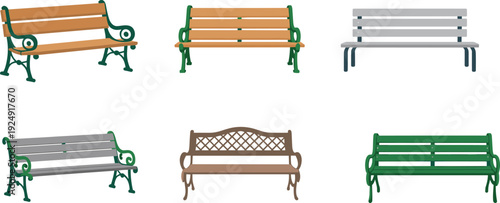 Park bench set in different styles and colors with wooden slats and metal frames isolated on white background for outdoor furniture design
