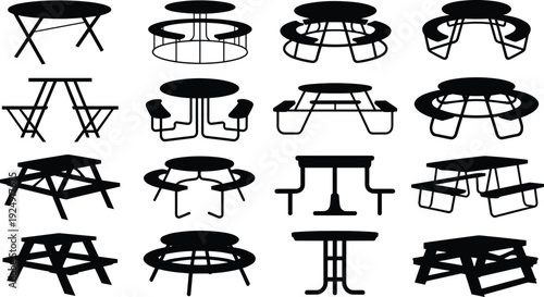 Picnic and outdoor table silhouette set with round park tables, attached benches and cafeteria seating isolated on white background