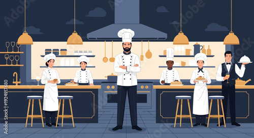 A confident chef stands in a modern kitchen with his team preparing food.
