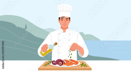 A chef prepares a seafood dish with herbs and oil on a plate by the sea.