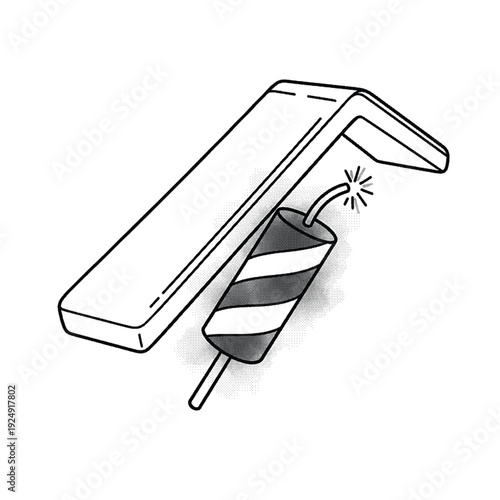 Black and white firecracker and diving board vector icon. Hand-drawn outline illustration of a lit firework next to a swimming pool diving platform.