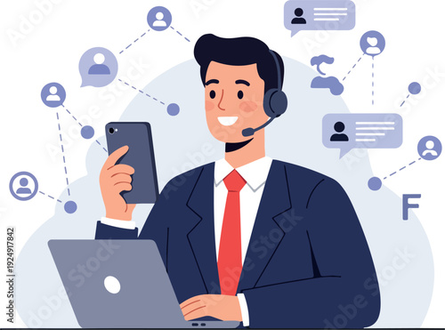 Customer Service Man With Laptop And Phone Vector Flat Illustration