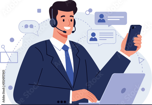 Customer Service Man With Laptop and Phone In Blue Suit