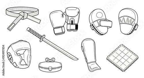 Martial Arts and Combat Sports Equipment Line Art Collection