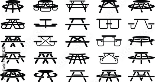 Round and classic picnic table silhouette icon set with attached benches for park, garden and outdoor recreation areas isolated on white
