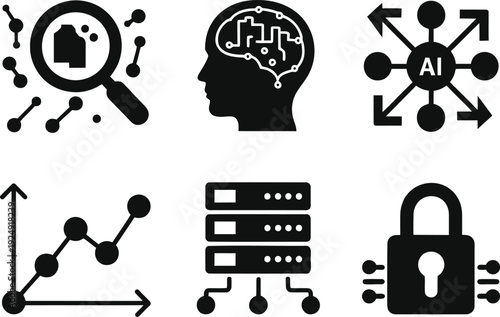 A collection of black and white icons representing data analysis and security