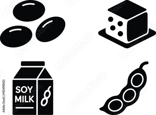 Soy products icon set with soybeans, tofu cube, soy milk carton and soybean pod silhouettes isolated on white background vector illustration