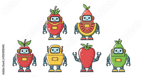 Adorable fruit robots collection with sweet expressions and vibrant colors.