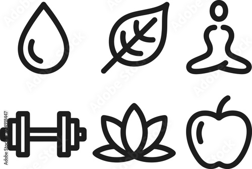 A set of six simple line icons representing health and wellness concepts