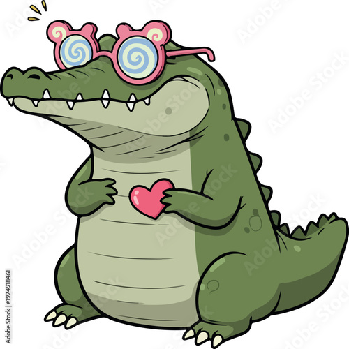 Cute Green Alligator Wearing Pink Teddy Bear Glasses Holding Heart
