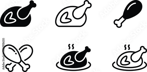 Stylized set of six chicken food icons, symbolizing drumsticks, roasted poultry, steaming plates, and culinary restaurant themes