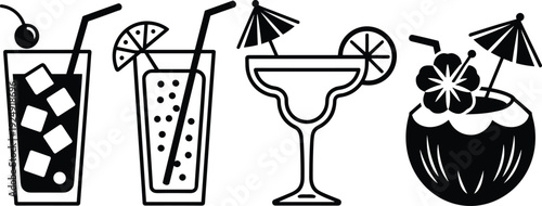 Summer cocktail icon set with iced drink, soda glass, margarita and coconut beverage silhouettes isolated on white background vector illustration