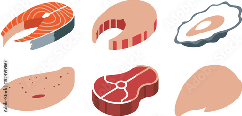 Raw Meat & Seafood Icon Set  Beef, Chicken, Fish & Oyster Cuts