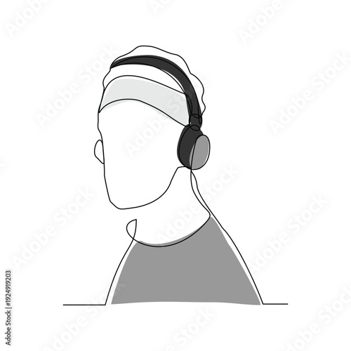 Continuous line sketch drawing of young man happy listening music melody on headphones earphone object technology entertainment vector illustration one single line editable stroke