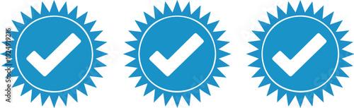Blue Check Mark Badge Icons Set with Verified Approval Quality Seal Flat Vector Design on White Background