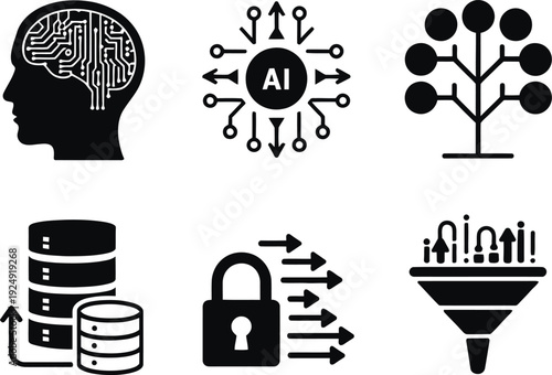 A collection of black and white icons representing artificial intelligence concepts