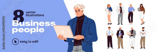 Business people in different poses set. Businessmen and employees hold laptop, report, papers, folder of documents and coffee. Office workers. Flat isolated vector illustrations on white background