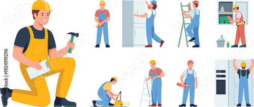 Cartoon-style vector illustrations of construction and renovation workers with safety gear, tools, and appliances for vocational and labor themes.