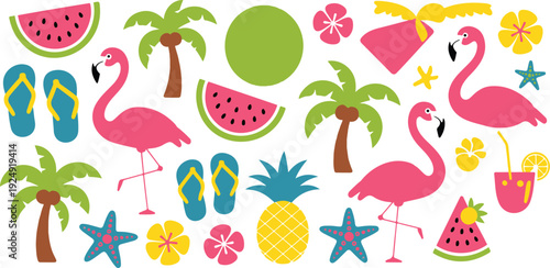 Tropical Summer Cartoon Icon Set Flamingos, Fruits & Cocktails