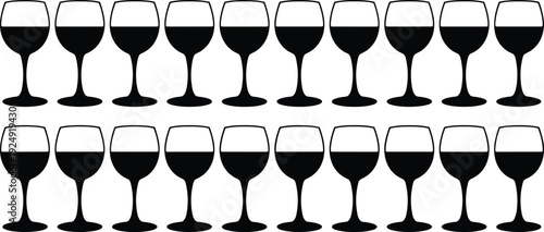 Wine glass silhouette collection with red wine level variations, elegant stemware icons isolated on white background vector illustration