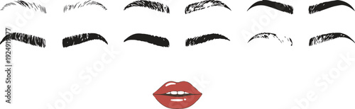 Female Eyebrow Shapes and Red Lips Set for Makeup, Beauty, Fashion, and Facial Expression Flat Vector Illustration