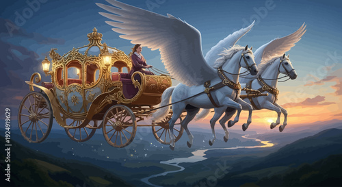 A magical flying horse-drawn carriage with white horses and a golden carriage soars through a serene sunset landscape with rolling hills and a winding river.