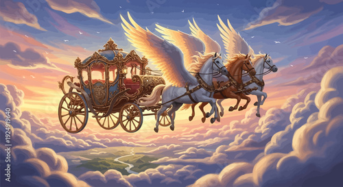 A whimsical flying horse-drawn carriage soars through clouds at sunset with a warm, dreamy mood and cinematic lighting.