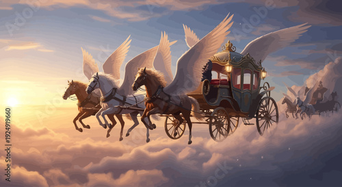 A mystical flying horse-drawn carriage soars through clouds at sunset with a dreamy atmosphere and soft, warm lighting.