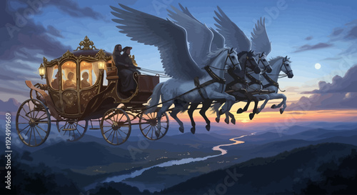 A majestic flying horse-drawn carriage soars through a serene evening sky with a winding road below, illuminated by warm sunset light.