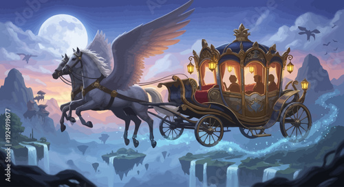 A magical flying horse-drawn carriage soars through a mystical night sky with a full moon, surrounded by majestic mountains and waterfalls under a serene atmosphere.