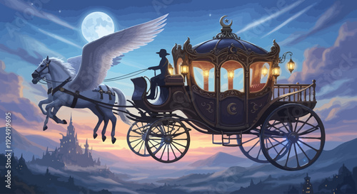 A majestic flying horse-drawn carriage soars through a serene evening sky with a full moon, surrounded by soft clouds and distant mountains.