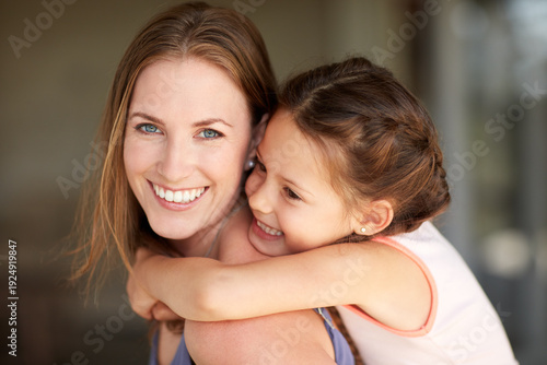 Slika na platnu Love, piggyback and smile of mother with daughter in home together for bonding or having fun