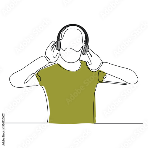 Continuous line sketch drawing of young man happy listening music melody on headphones earphone object technology entertainment vector illustration one single line editable stroke