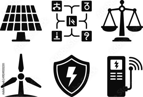 A collection of black icons representing sustainable energy and technology