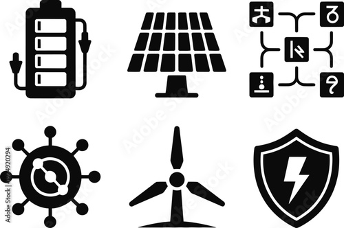 A collection of black icons representing renewable energy and technology