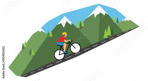 A person cycling uphill on a winding road through green hills and snow-capped mountains under a clear sky, illustrating outdoor recreation and physical activity.