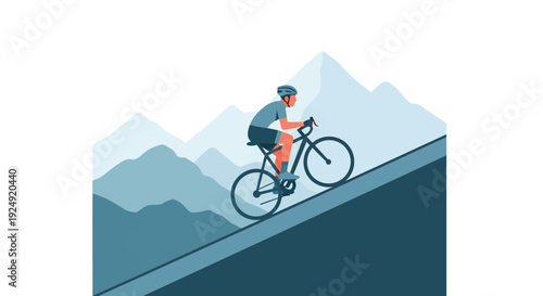 Minimalist illustration of a male cyclist riding a road bike uphill with abstract mountains in the background.