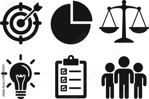 A collection of business and strategy icons on a white background