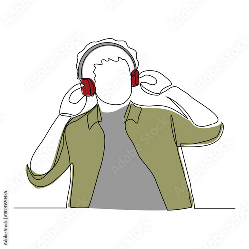 Continuous line sketch drawing of young man happy listening music melody on headphones earphone object technology entertainment vector illustration one single line editable stroke