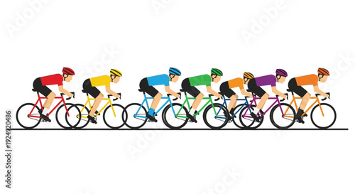 An illustration of a group of eight diverse cyclists in colorful jerseys and helmets riding road bikes in a race.