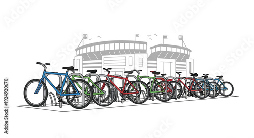 A row of colorful bicycles parked on a bike rack in front of a large, outlined stadium building under a clear sky.