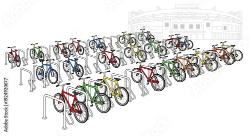A large outdoor bicycle parking area filled with numerous colorful bikes in racks, with a stadium in the background.