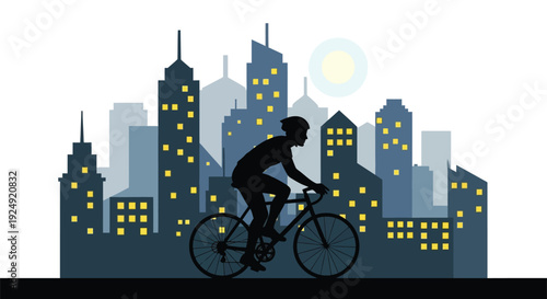 Silhouette of a cyclist riding a bicycle in front of a modern city skyline at dusk with illuminated windows.
