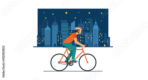 A person riding a bicycle at night with a city skyline and stars in the background, illustrating urban cycling.